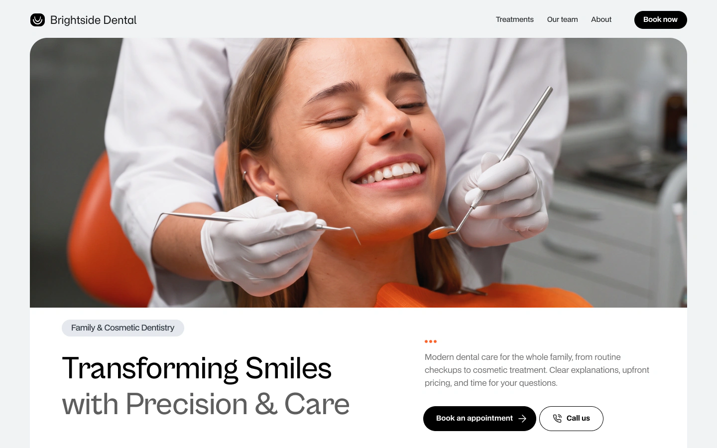Concept dental clinic website design in Oman, with treatments and team in the menu and Book an appointment and Call us buttons