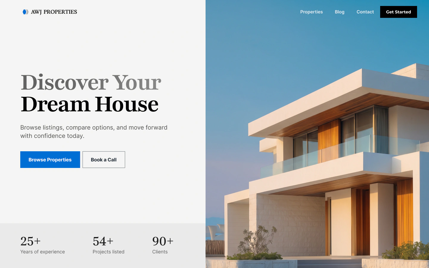 Concept real estate website design in Oman, with Browse Properties and Book a Call buttons beside a photo of a modern villa