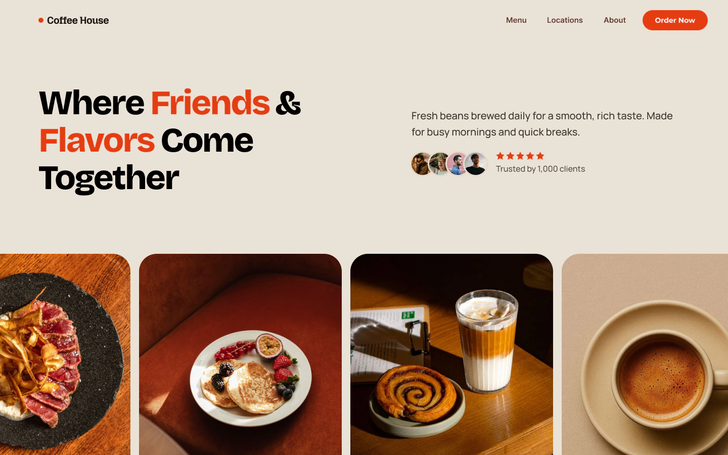 Concept café website design in Oman, with Menu and Locations in the navigation, an Order Now button, and a row of food and coffee photos
