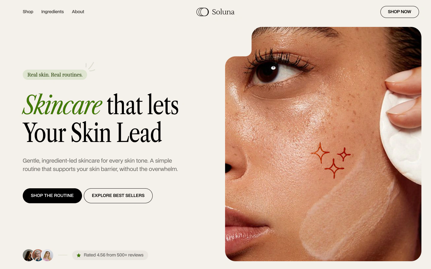 Concept skincare and beauty website design in Oman, with Shop and Ingredients in the menu and Shop the Routine and Explore Best Sellers buttons