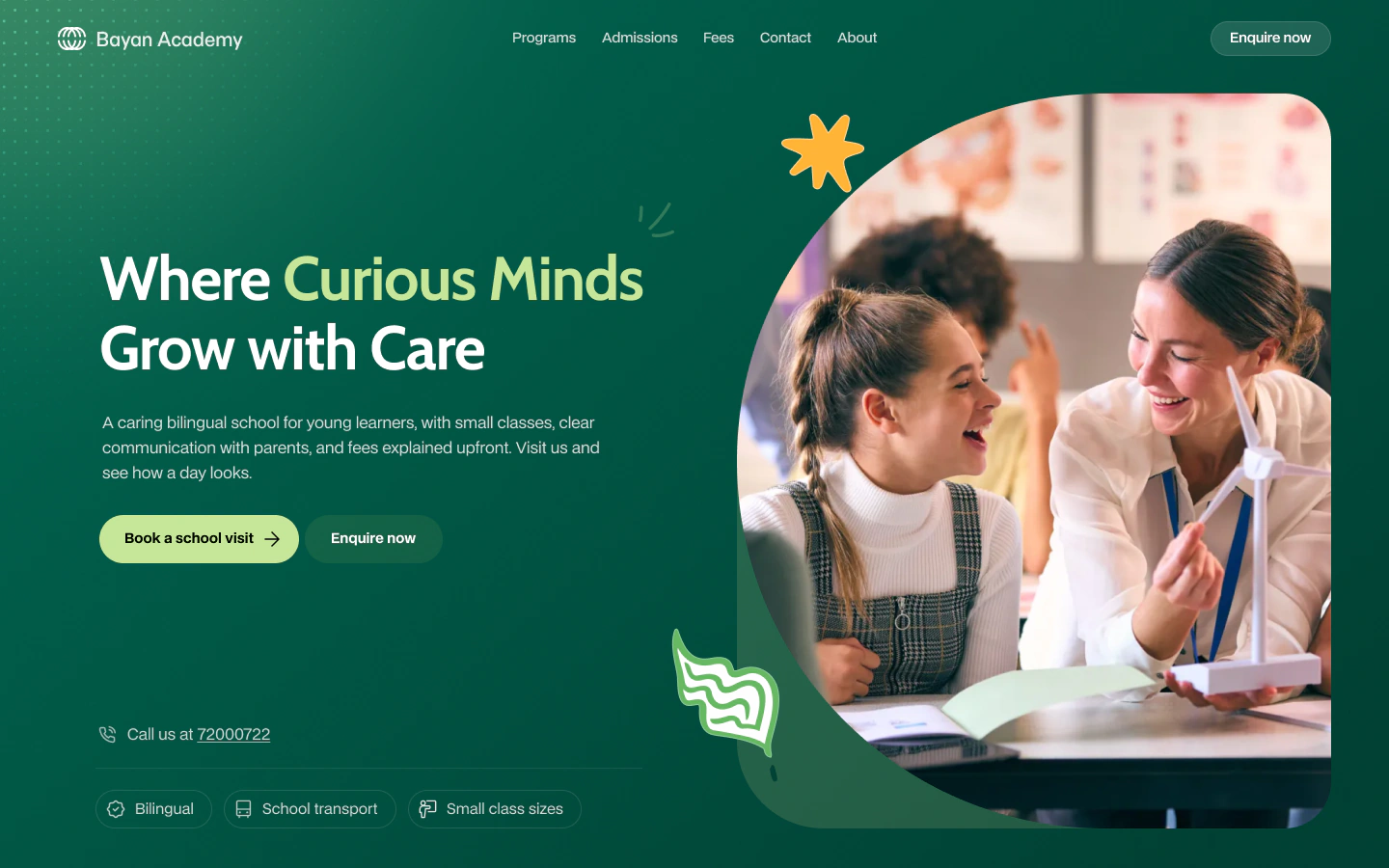 Concept private school website design in Oman, with admissions and fees in the menu and Book a school visit and Enquire now buttons
